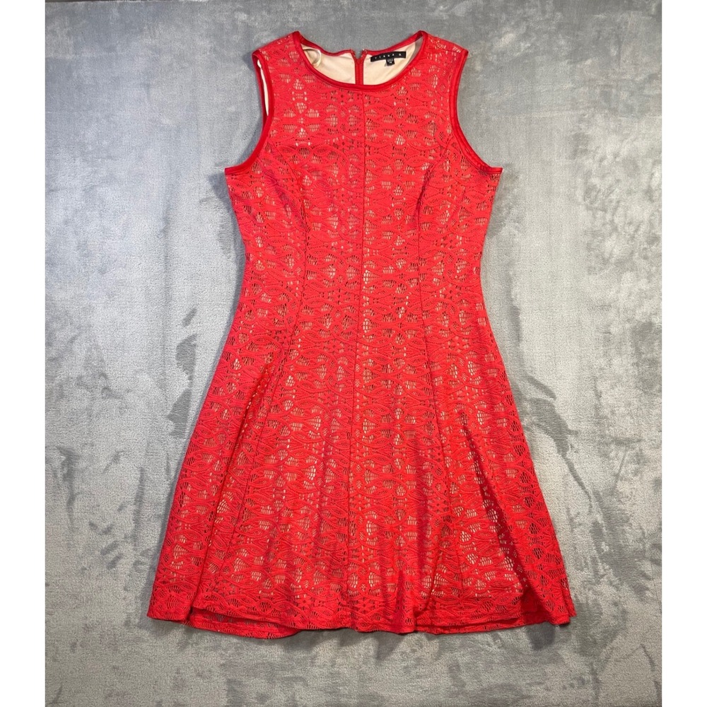 Tiana B Womens Sleeveless Lace Fit & Flare Dress 14 Red Floral Crochet